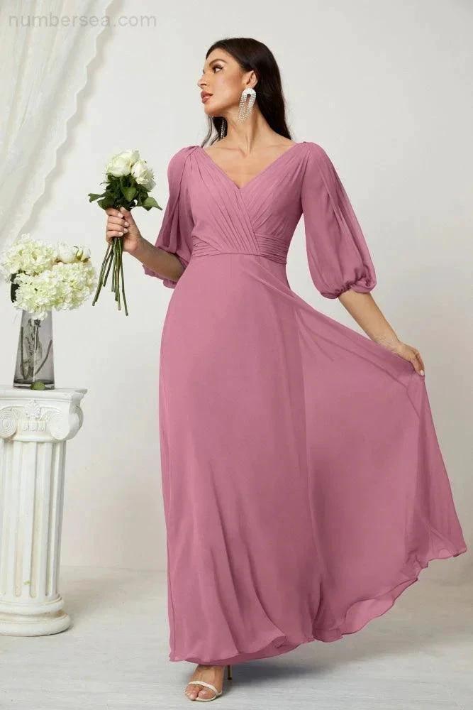 Numbersea Formal Prom Gown Women V-Neck Chiffon Bridesmaid Dresses Long Bishop Sleeve Party Dress 2807 by numbersea