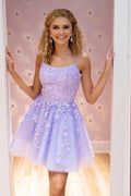 Straps Lace Applique Blue Homecoming Dress Short Prom Dress PD424 by pgmdress