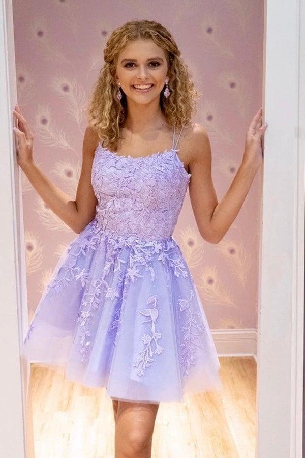 Straps Lace Applique Blue Homecoming Dress Short Prom Dress PD424 by pgmdress