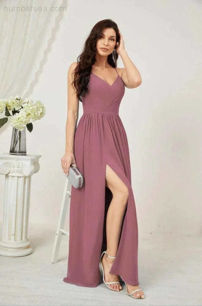 Numbersea Neck Bridesmaid Dresses Chiffon Long Spaghetti A-line Formal Prom Gown for Wedding Party Evening 2801 by numbersea