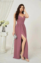 Numbersea Neck Bridesmaid Dresses Chiffon Long Spaghetti A-line Formal Prom Gown for Wedding Party Evening 2801 by numbersea