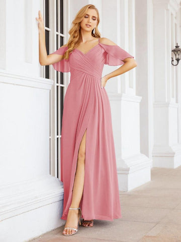 Numbersea Cold Shoulder Long Bridesmaid Dresses Side Slit Formal Prom Gowns Party Wedding 28070