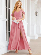 Numbersea Off The Shoulder Chiffon Bridesmaid Dress Long Formal Graduation Gown with Cowl Back 28069 by numbersea