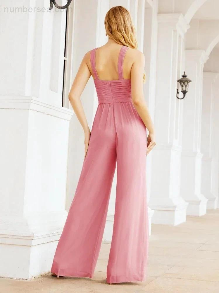 Numbersea Crisscross Neck Jumpsuit Formal Evening Dress Long Bridesmaid Dresses Bell-bottomed Pants 28033 by numbersea