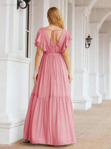 Numbersea Women's Open Back Formal Evening Party Prom Gowns V-Neck Long Chiffon Bridesmaid Dresses with Waist Belt 28038