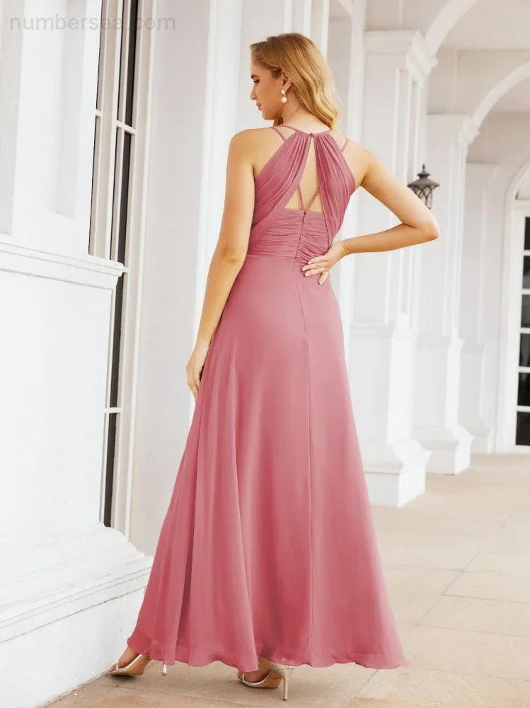 Vestidos de Damas de Honra Numbersea com Alças Duplas de Espaguete para Mulher Vestido Longo Formal para Festa com Fenda Lateral 28051