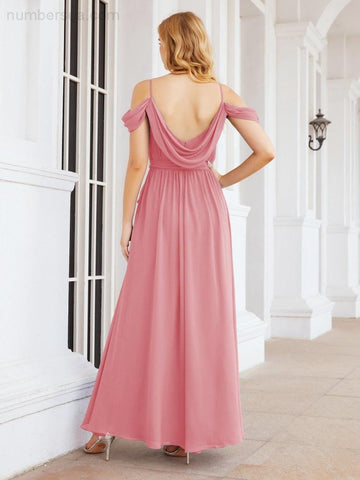 Numbersea Off The Shoulder Chiffon Bridesmaid Dress Long Formal Graduation Gown with Cowl Back 28069