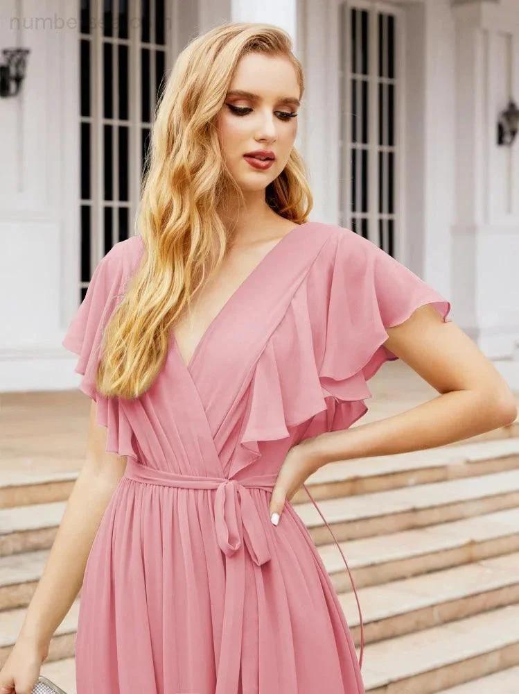 Numbersea Women's Open Back Formal Evening Party Prom Gowns V-Neck Long Chiffon Bridesmaid Dresses with Waist Belt 28038 by numbersea
