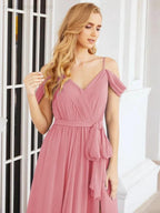 Numbersea Off The Shoulder Chiffon Bridesmaid Dress Long Formal Graduation Gown with Cowl Back 28069 by numbersea