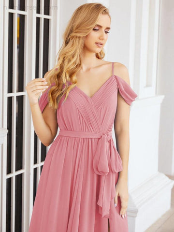 Numbersea Off The Shoulder Chiffon Bridesmaid Dress Long Formal Graduation Gown with Cowl Back 28069