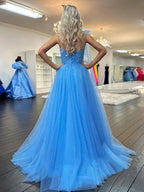 Ximena | Cute A Line One Shoulder Blue Tulle Prom Dress with Appliques by KissProm