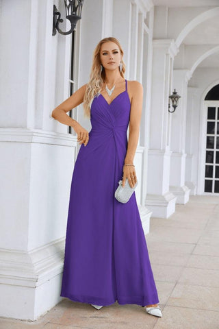 Ladies Chiffon Spaghetti Strap V Neck Front Slit Floor Length Bridesmaid Evening Dress Prom Party Wedding Evening Dress 28116