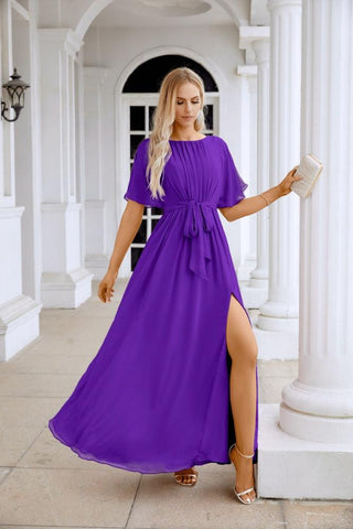 Ladies Chiffon Sleeve Crew Neck Front Slit Floor Length Bridesmaid Evening Dress Wedding Party Evening Dress 28124