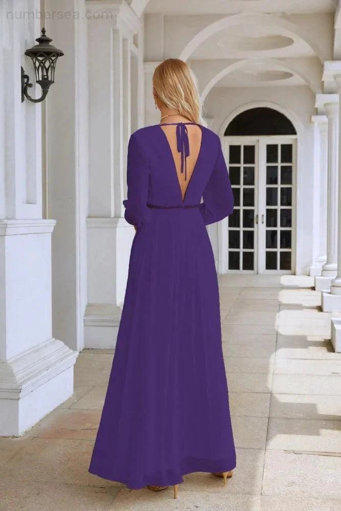 Ladies V Neck Chiffon Long Sleeve Front Slit Bridesmaid Evening Dress Wedding Party Shopping Evening Dress 28109 by numbersea