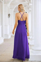 Ladies Chiffon Spaghetti Strap V Neck Front Slit Floor Length Bridesmaid Evening Dress Prom Party Wedding Evening Dress 28116 by numbersea