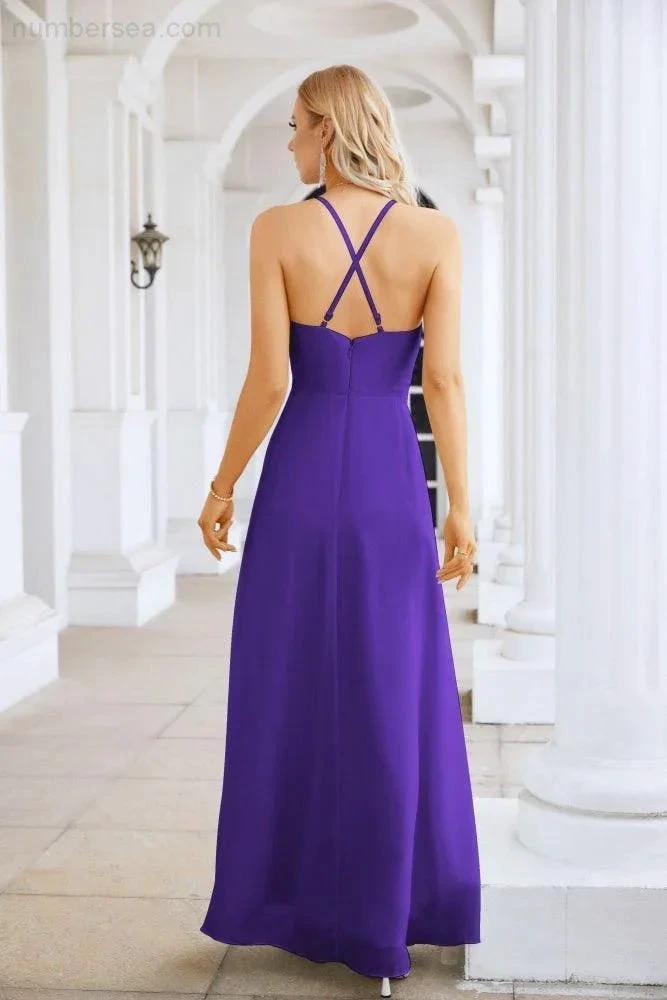 Ladies Chiffon Spaghetti Strap V Neck Front Slit Floor Length Bridesmaid Evening Dress Prom Party Wedding Evening Dress 28116 by numbersea
