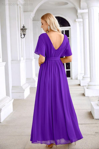 Ladies Chiffon Sleeve Crew Neck Front Slit Floor Length Bridesmaid Evening Dress Wedding Party Evening Dress 28124