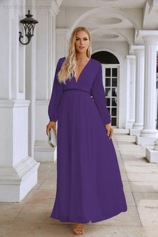 Ladies V Neck Chiffon Long Sleeve Front Slit Bridesmaid Evening Dress Wedding Party Shopping Evening Dress 28109