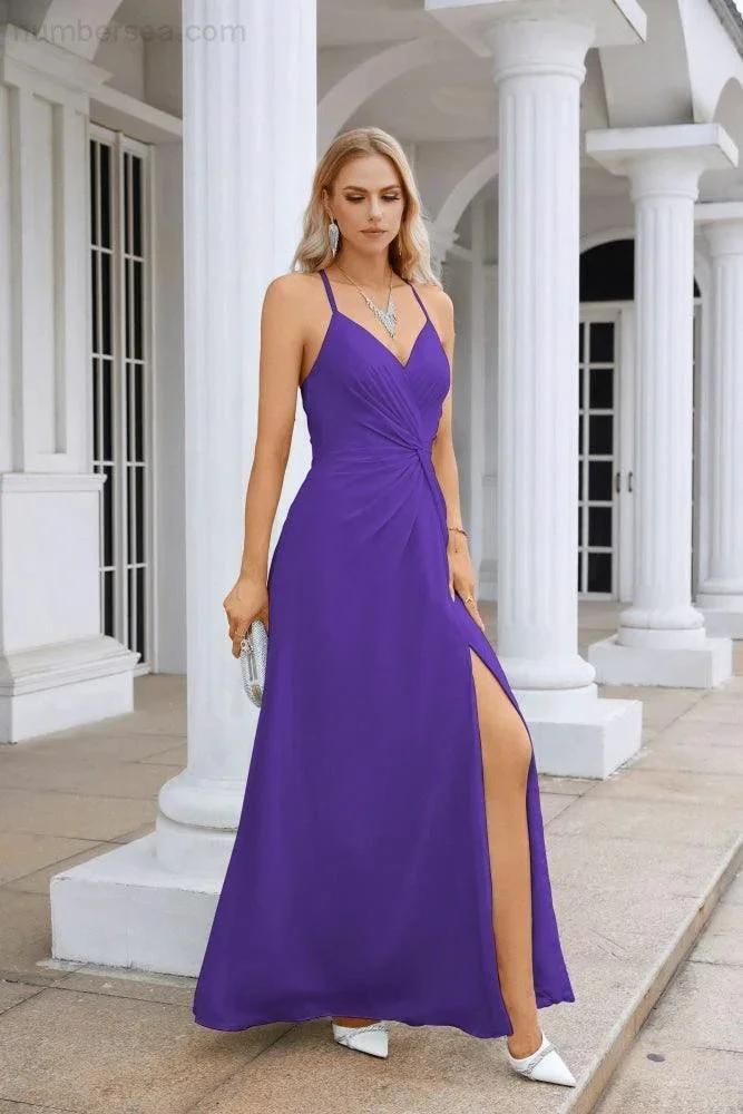Ladies Chiffon Spaghetti Strap V Neck Front Slit Floor Length Bridesmaid Evening Dress Prom Party Wedding Evening Dress 28116 by numbersea