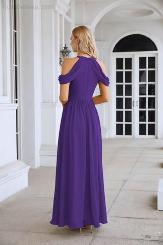 Ladies Chiffon Off Shoulder Swing Sleeve Front Slit Bridesmaid Evening Dress Wedding Party Evening Dress 28117