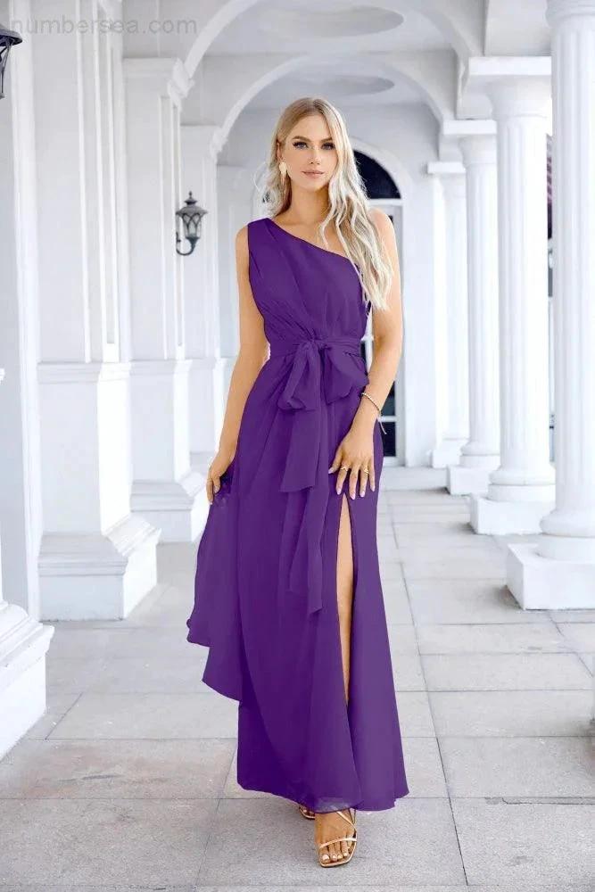 Ladies Chiffon One Shoulder Bridesmaid Evening Dress Wedding Party Evening Dress 28133 by numbersea