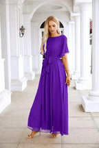 Ladies Chiffon Sleeve Crew Neck Front Slit Floor Length Bridesmaid Evening Dress Wedding Party Evening Dress 28124 by numbersea