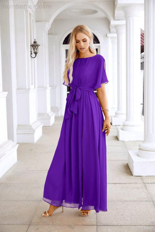 Ladies Chiffon Sleeve Crew Neck Front Slit Floor Length Bridesmaid Evening Dress Wedding Party Evening Dress 28124