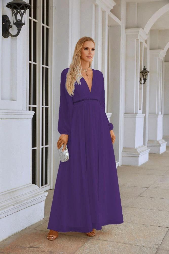 Ladies V Neck Chiffon Long Sleeve Front Slit Bridesmaid Evening Dress Wedding Party Shopping Evening Dress 28109 by numbersea