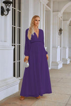 Ladies V Neck Chiffon Long Sleeve Front Slit Bridesmaid Evening Dress Wedding Party Shopping Evening Dress 28109 by numbersea