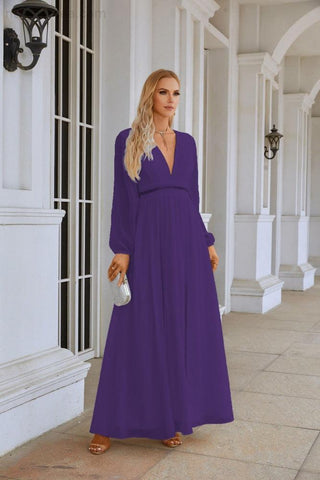 Ladies V Neck Chiffon Long Sleeve Front Slit Bridesmaid Evening Dress Wedding Party Shopping Evening Dress 28109