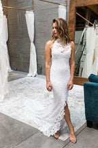 Sheath High Neck Sweep Train Open Back Lace Wedding Dress with Split WD397 by pgmdress