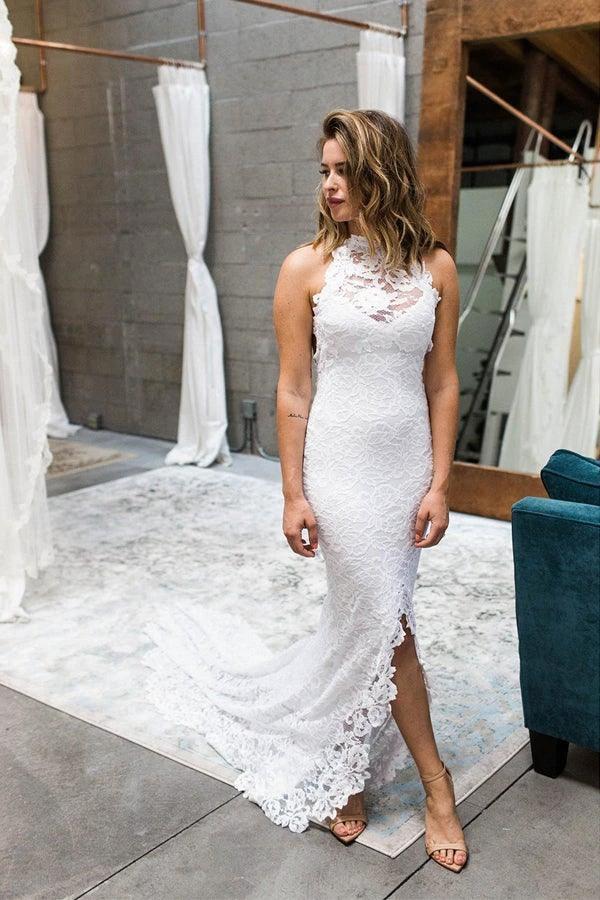 Sheath High Neck Sweep Train Open Back Lace Wedding Dress with Split WD397 by pgmdress