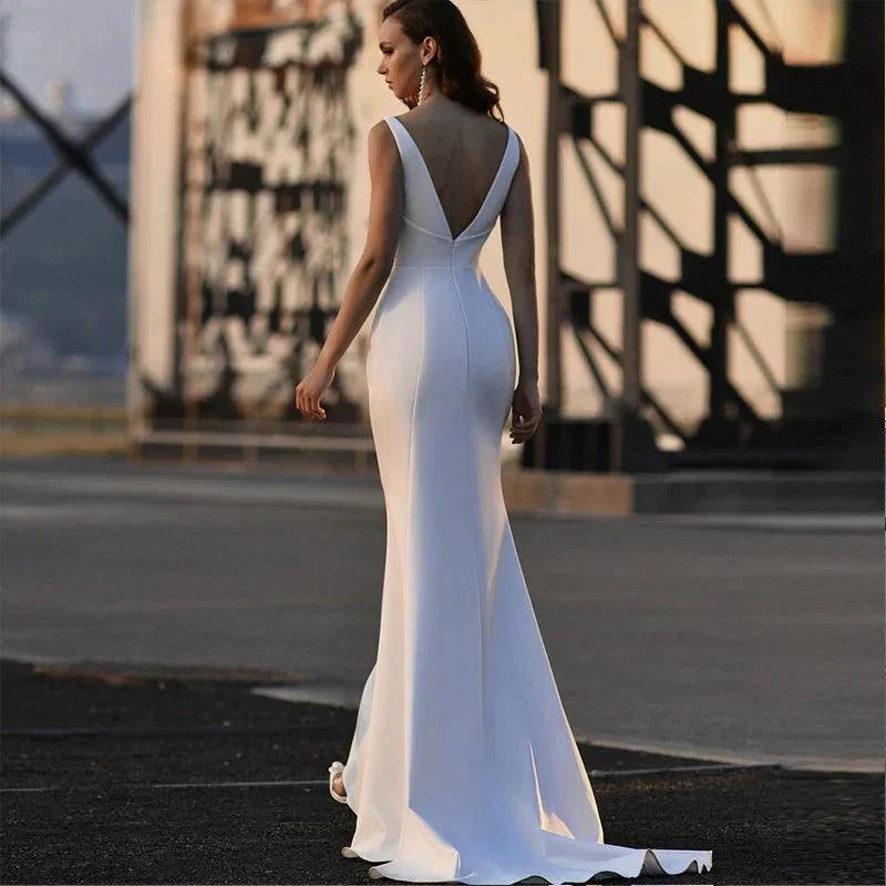 Sexy Mermaid Strapless Wedding Dresses Simple Satin Sleeveless Bridal Gown Elegant V-Neck Backless Beach Vestido De Novia by payinti