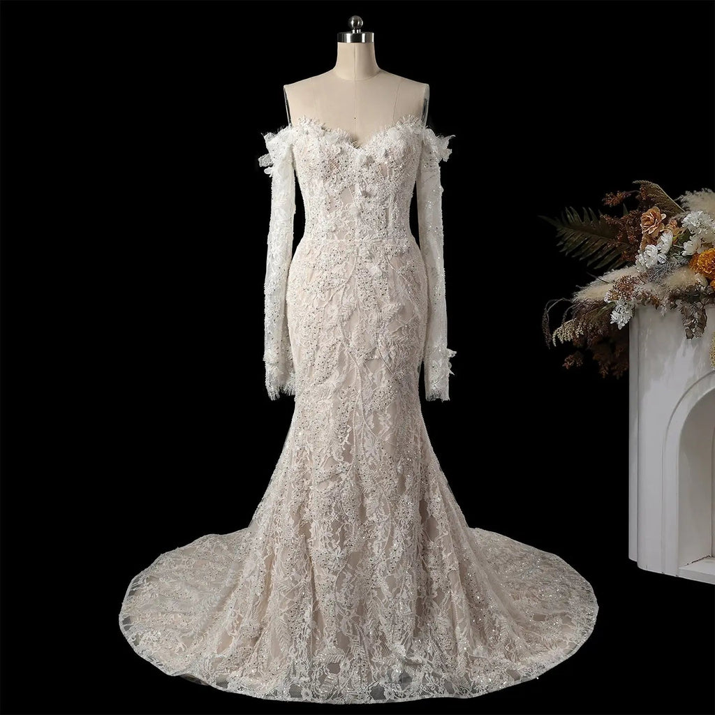 Bohemian Ivory Off-the-Shoulder Sheer Lace Mermaid Wedding Dress with Veil SW176