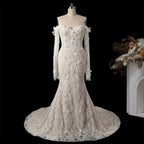 Bohemian Ivory Off-the-Shoulder Sheer Lace Mermaid Wedding Dress with Veil SW176
