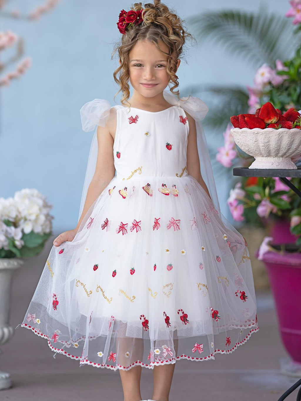 Tulle Knee-length Strawberry Embroidery Flower Girl Dress - photo 6