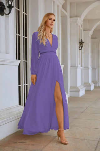 Ladies V Neck Chiffon Long Sleeve Front Slit Bridesmaid Evening Dress Wedding Party Shopping Evening Dress 28109