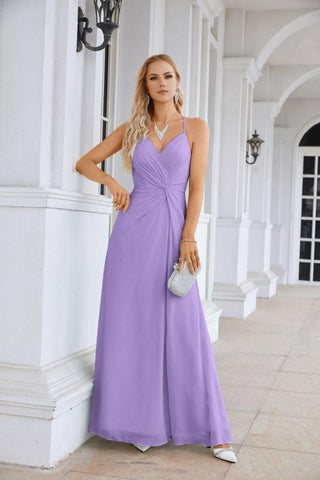 Ladies Chiffon Spaghetti Strap V Neck Front Slit Floor Length Bridesmaid Evening Dress Prom Party Wedding Evening Dress 28116