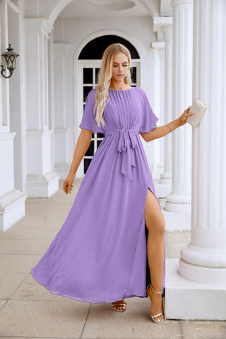 Ladies Chiffon Sleeve Crew Neck Front Slit Floor Length Bridesmaid Evening Dress Wedding Party Evening Dress 28124