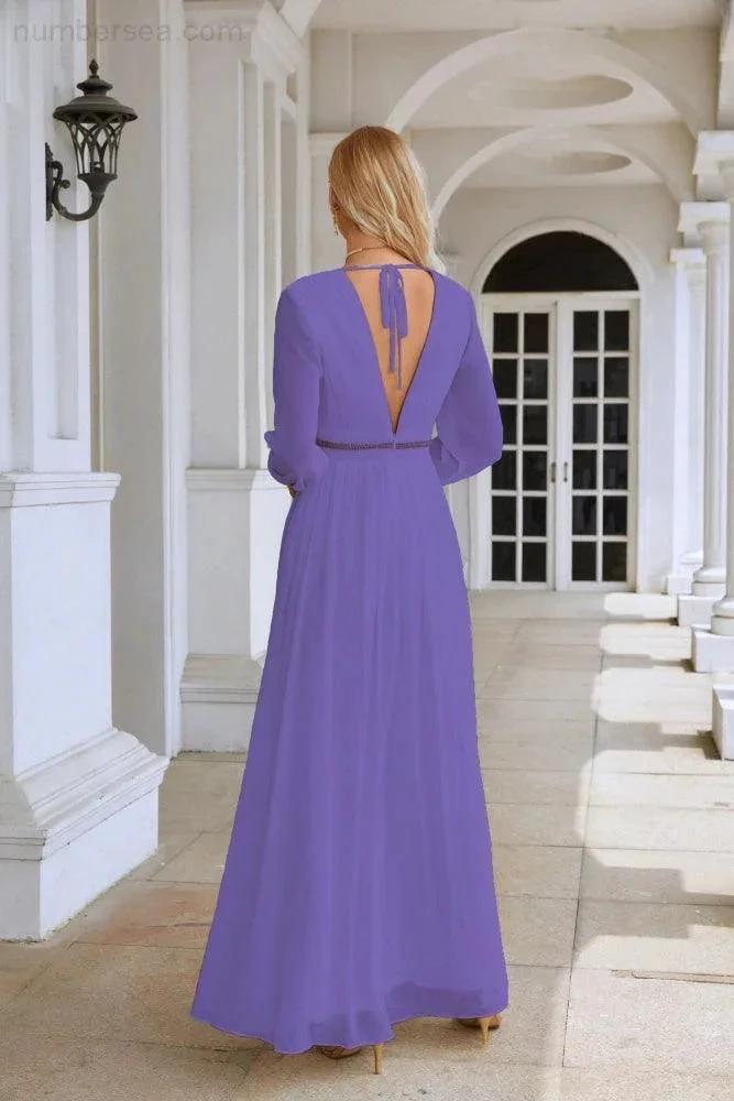 Ladies V Neck Chiffon Long Sleeve Front Slit Bridesmaid Evening Dress Wedding Party Shopping Evening Dress 28109 by numbersea