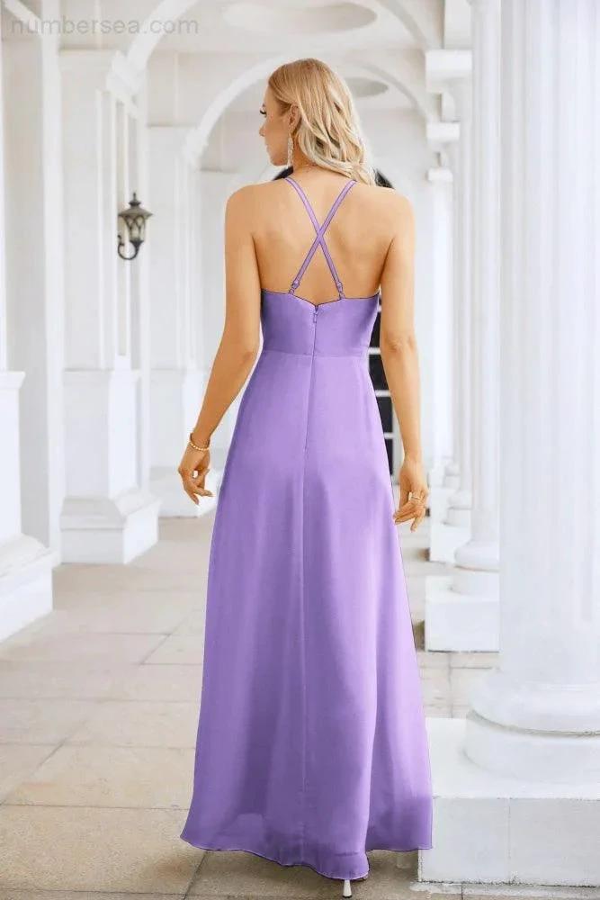 Ladies Chiffon Spaghetti Strap V Neck Front Slit Floor Length Bridesmaid Evening Dress Prom Party Wedding Evening Dress 28116 by numbersea