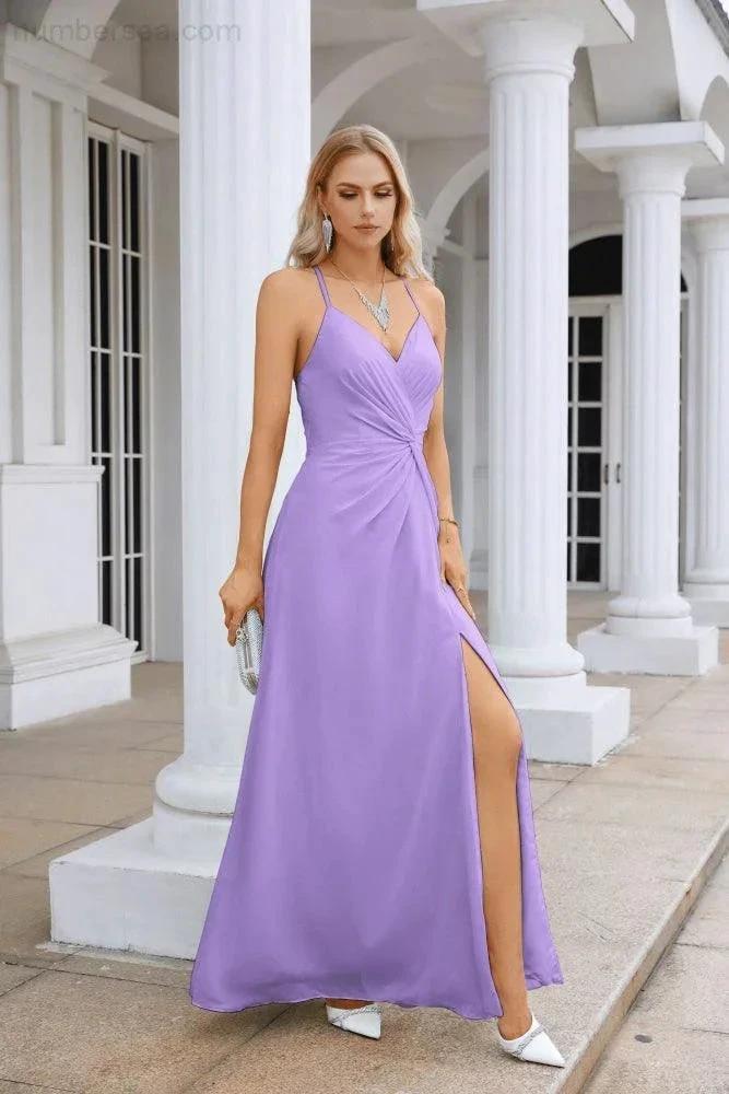 Ladies Chiffon Spaghetti Strap V Neck Front Slit Floor Length Bridesmaid Evening Dress Prom Party Wedding Evening Dress 28116 by numbersea