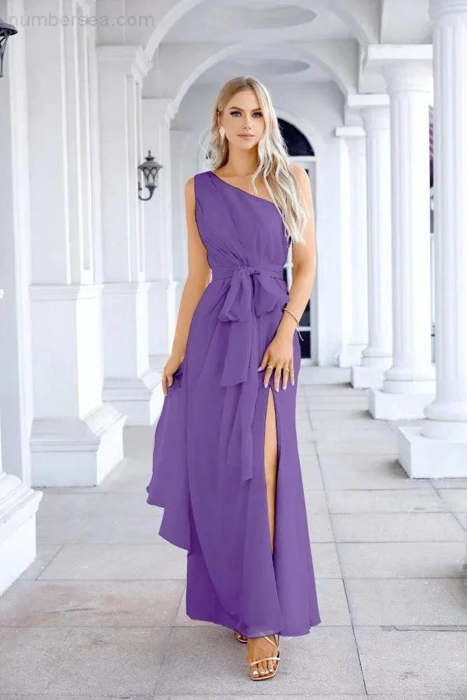 Ladies Chiffon One Shoulder Bridesmaid Evening Dress Wedding Party Evening Dress 28133 by numbersea