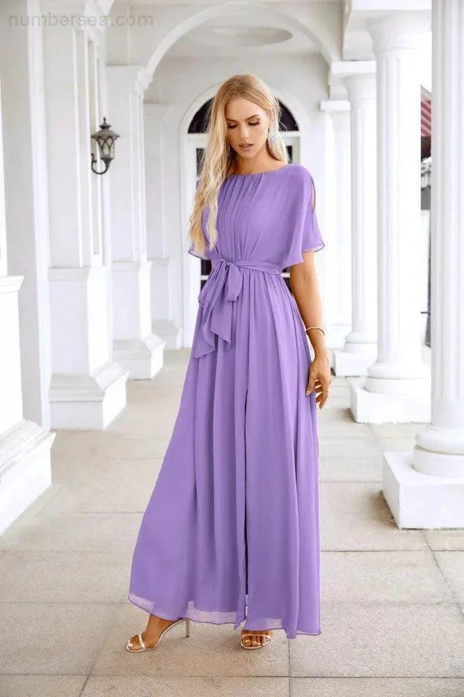 Ladies Chiffon Sleeve Crew Neck Front Slit Floor Length Bridesmaid Evening Dress Wedding Party Evening Dress 28124 by numbersea