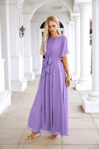 Ladies Chiffon Sleeve Crew Neck Front Slit Floor Length Bridesmaid Evening Dress Wedding Party Evening Dress 28124 by numbersea