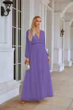 Ladies V Neck Chiffon Long Sleeve Front Slit Bridesmaid Evening Dress Wedding Party Shopping Evening Dress 28109 by numbersea