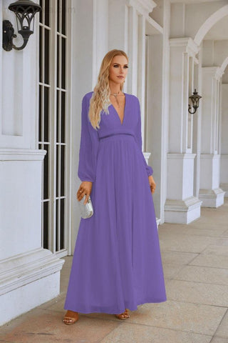 Ladies V Neck Chiffon Long Sleeve Front Slit Bridesmaid Evening Dress Wedding Party Shopping Evening Dress 28109