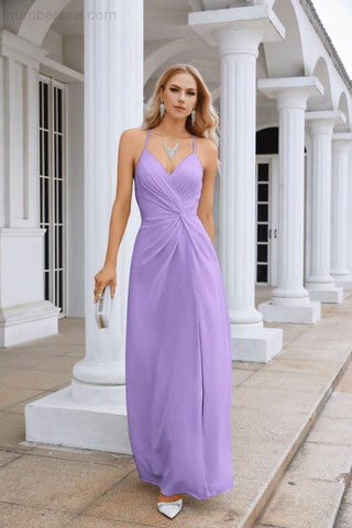 Ladies Chiffon Spaghetti Strap V Neck Front Slit Floor Length Bridesmaid Evening Dress Prom Party Wedding Evening Dress 28116