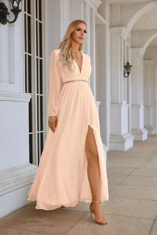 Ladies V Neck Chiffon Long Sleeve Front Slit Bridesmaid Evening Dress Wedding Party Shopping Evening Dress 28109