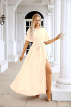 Ladies Chiffon Sleeve Crew Neck Front Slit Floor Length Bridesmaid Evening Dress Wedding Party Evening Dress 28124 by numbersea